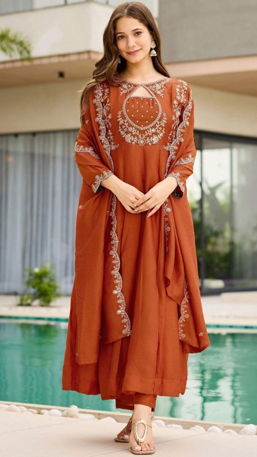 Women Embroidered Vichitra Anarkali Suit Set with Dupatta – Festive Ethnic Wear