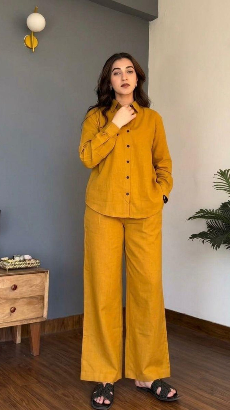 Summer Special Pure Cotton Co-Ord Set for Women | Stylish Shirt & Palazzo Set | Mustard