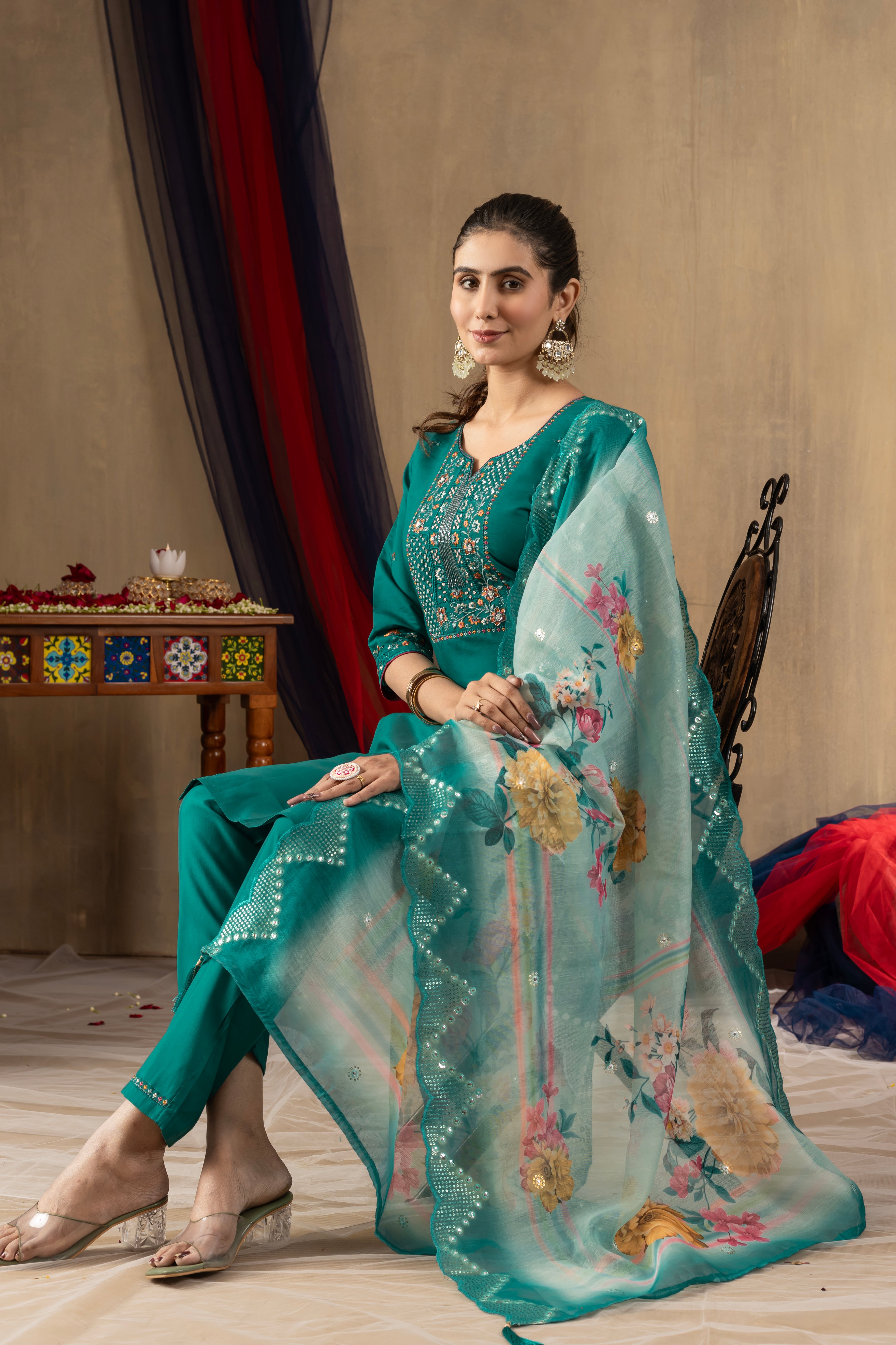 Black ,purple, Rama color Embroidered Kurti Pant Dupatta Set | Premium Ethnic Wear for Women