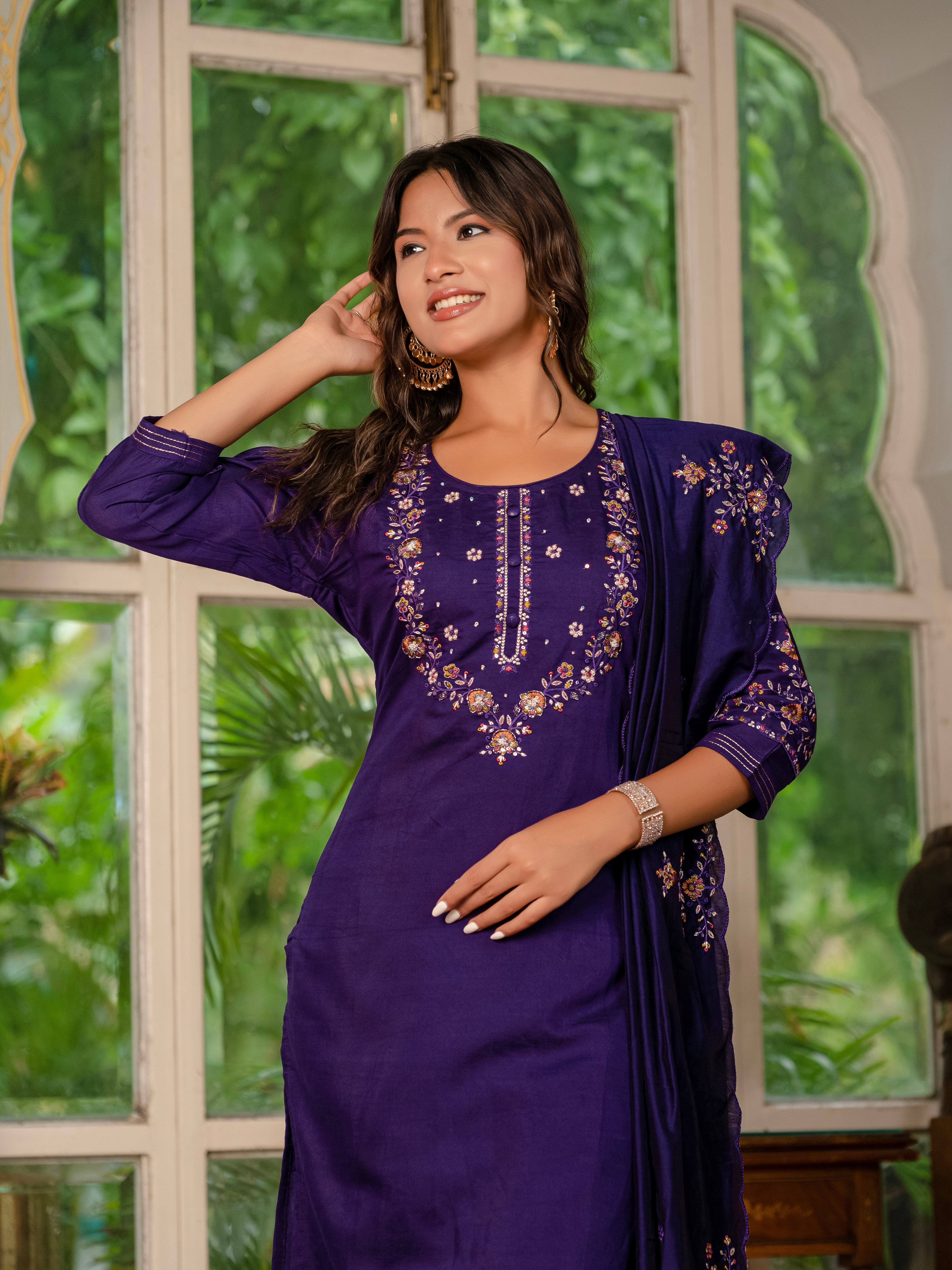 Royal Purple,Perrot,Musted Yellow, Green Embroidered Kurti Pant Dupatta Set | Premium Festive Wear