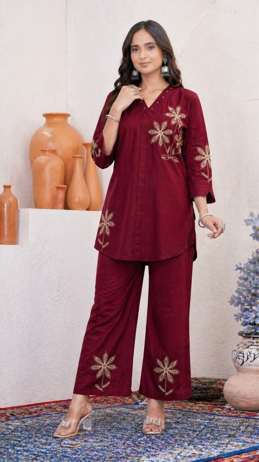 Women Brown Embroidered Co-Ord Set | Rayon Kurti & Straight Pant Set (M to 3XL)