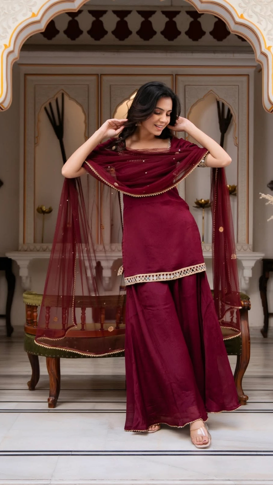 Women’s Heavy 3 Piece Faux Georgette Suit Set with Real Mirror Work, Embroidered Dupatta & Palazzo