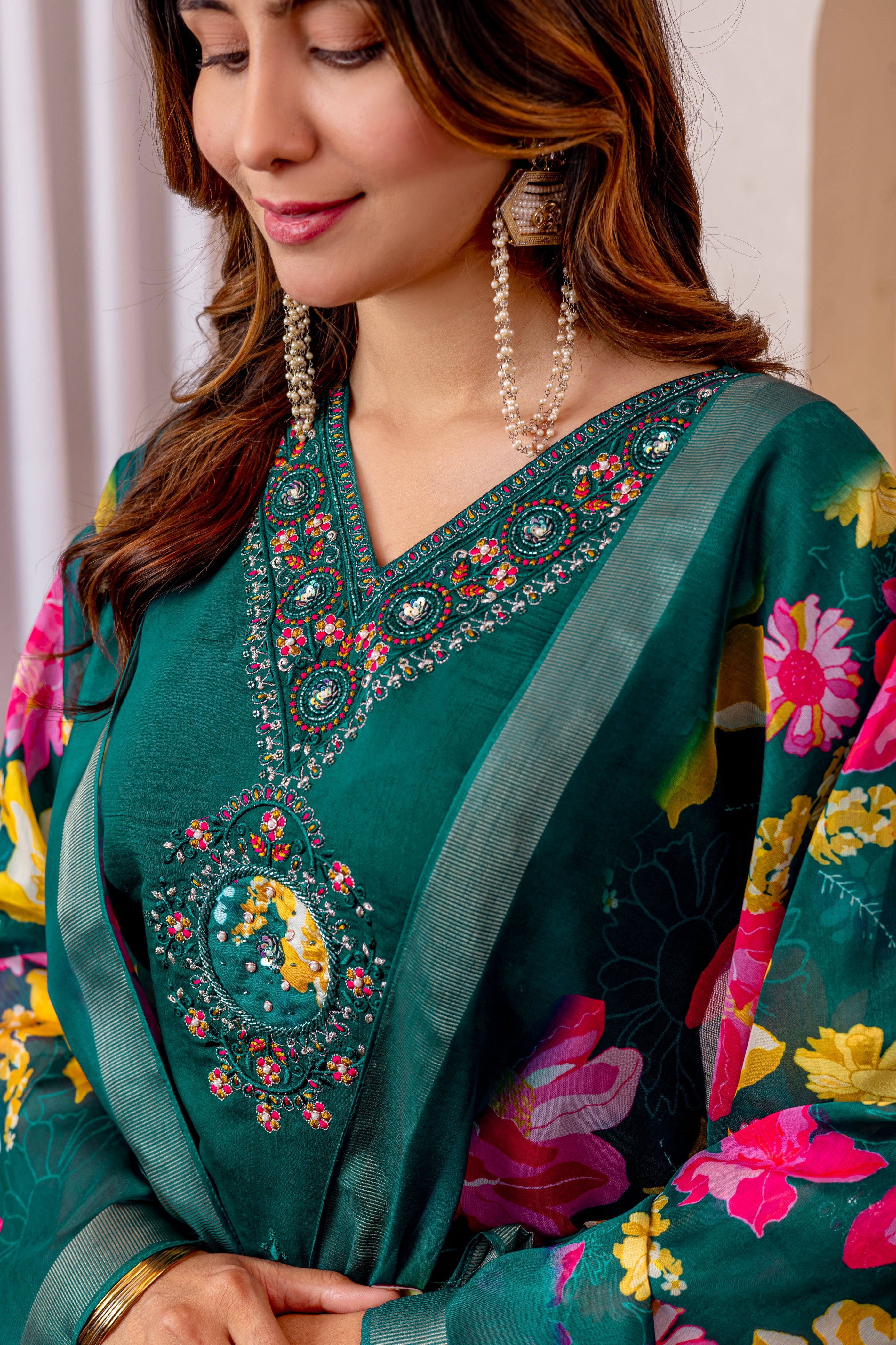 Designer Green, Wine, Orange Embroidered Kurti Pant Dupatta Set | Premium Festive Ethnic Wear