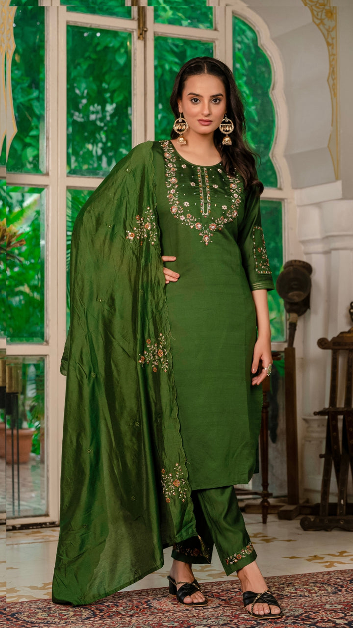 Royal Purple,Perrot,Musted Yellow, Green Embroidered Kurti Pant Dupatta Set | Premium Festive Wear