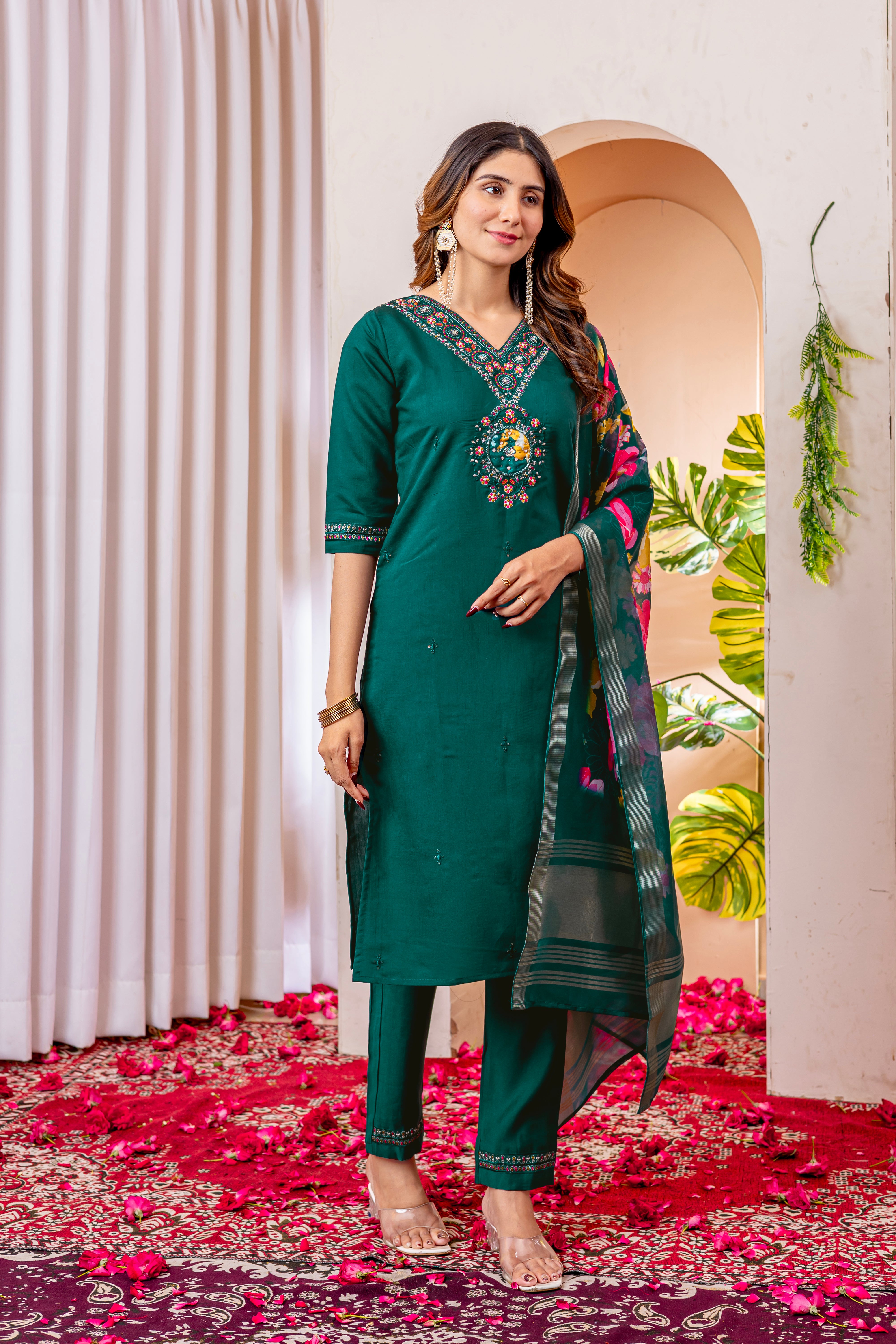 Designer Green, Wine, Orange Embroidered Kurti Pant Dupatta Set | Premium Festive Ethnic Wear