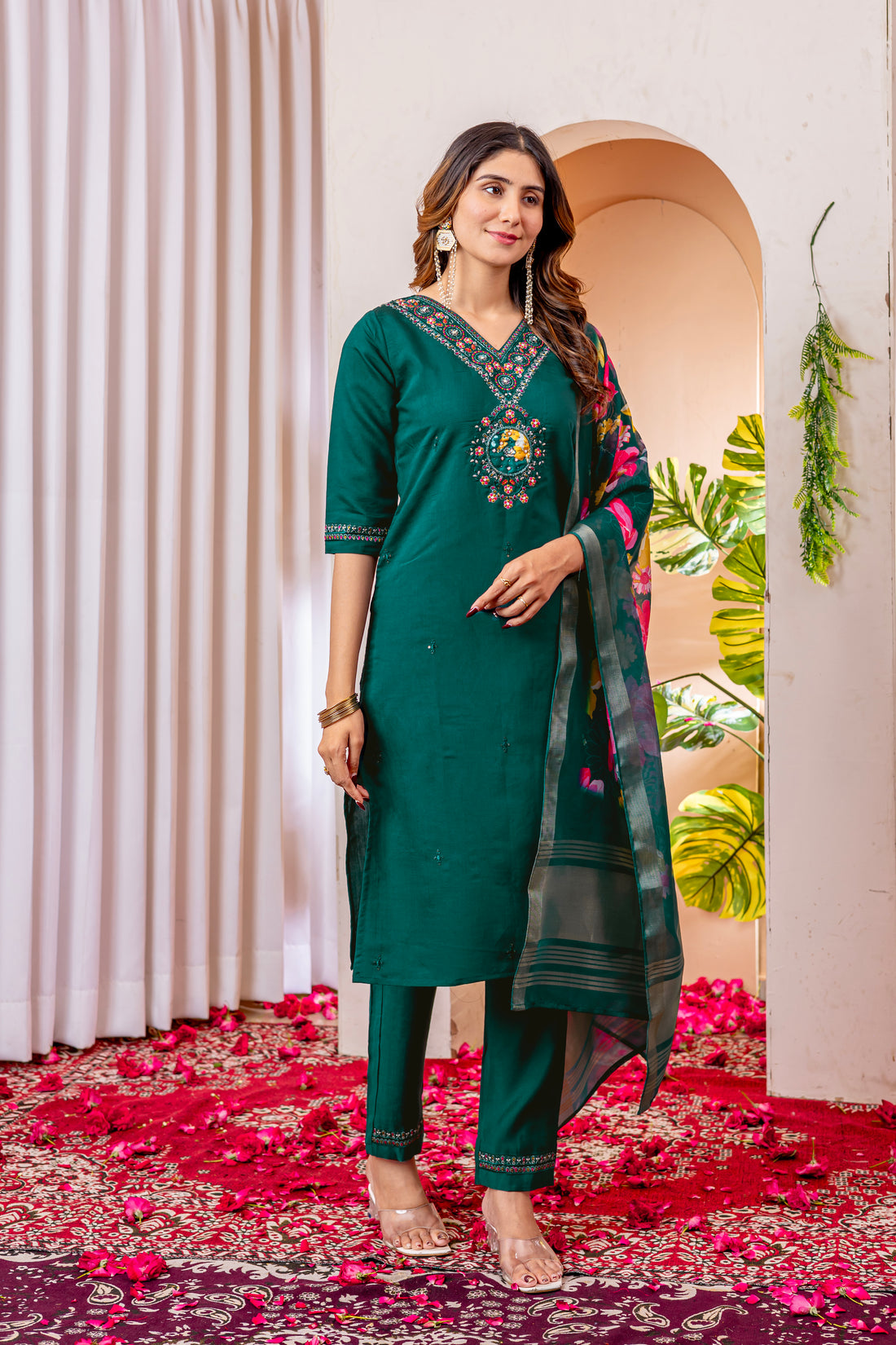 Designer Green, Wine, Orange Embroidered Kurti Pant Dupatta Set | Premium Festive Ethnic Wear