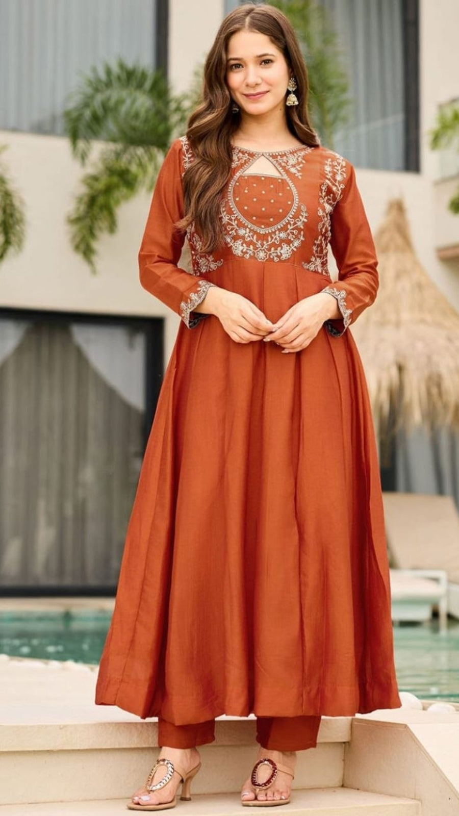 Women Embroidered Vichitra Anarkali Suit Set with Dupatta – Festive Ethnic Wear