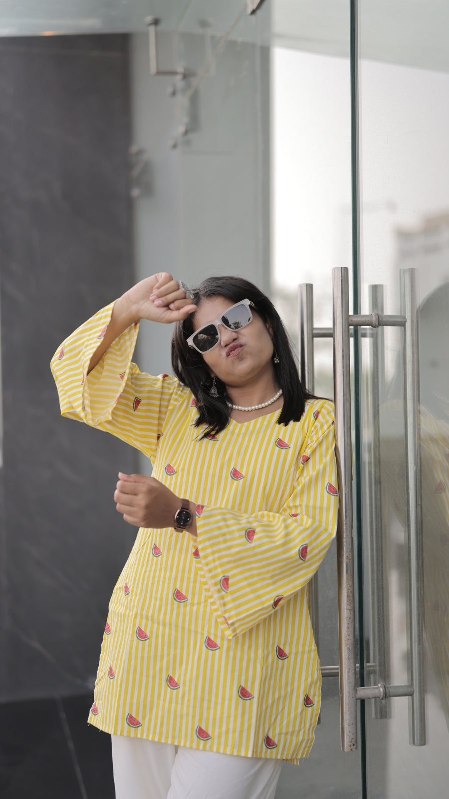 Women’s Yellow Striped Printed Bell Sleeve Kurta with Heavy Rayon Palazzo Set