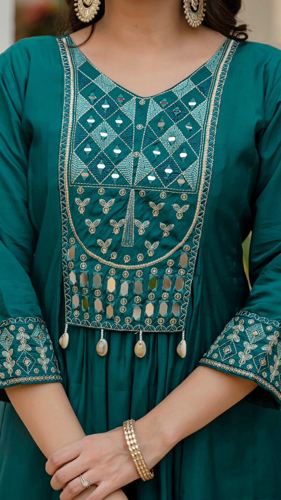Luxury Anarkali Kurti Set with Real Mirror Work | Viscose Roman Silk Festive Suit with Chanderi Dupatta