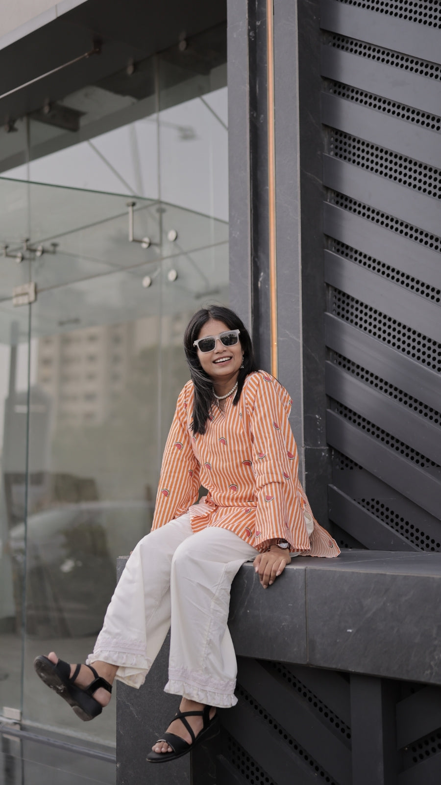 Women’s Orange Striped Watermelon Printed Bell Sleeve Kurta Palazzo Set