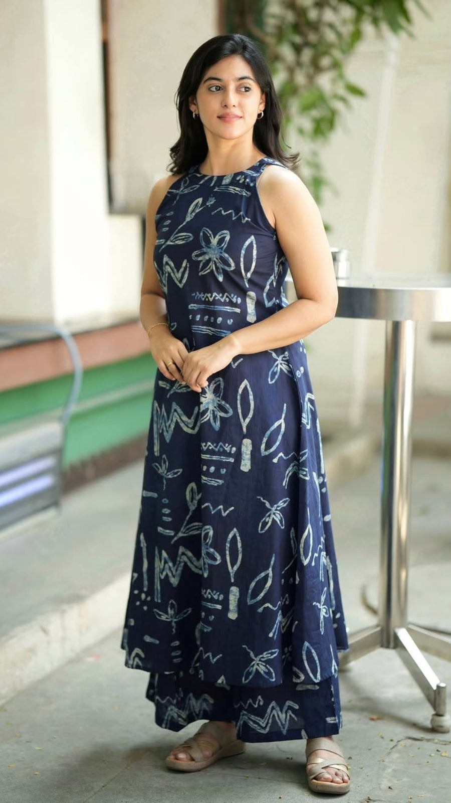 Women's Navy Blue Printed Cotton A-Line Kurta Palazzo Set with Side Pockets | Sleeveless Halter Neck Co-Ord Set