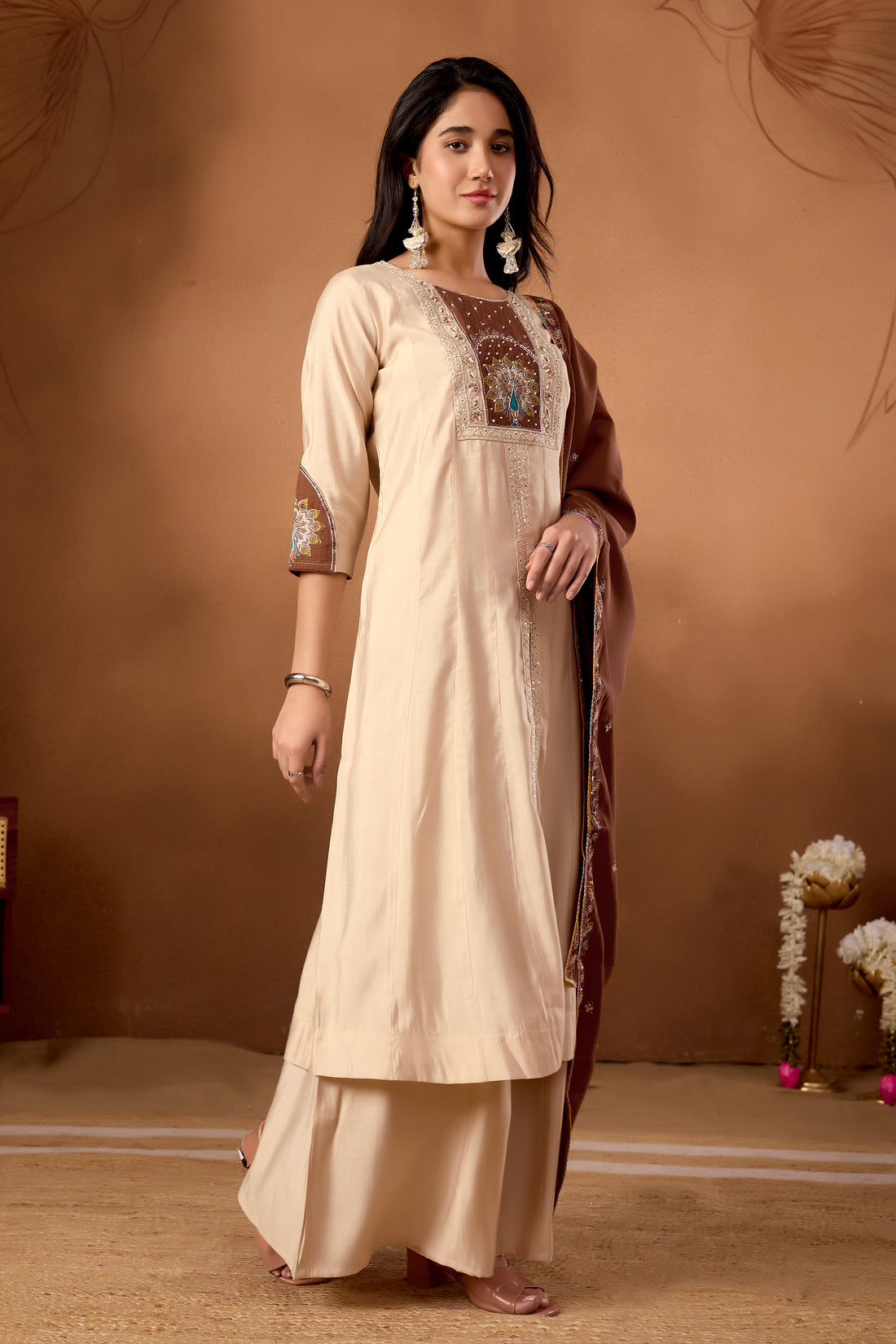 Anarkali Kurti Plazo Dupatta Set – Premium Roman Silk Embroidery Festive Wear