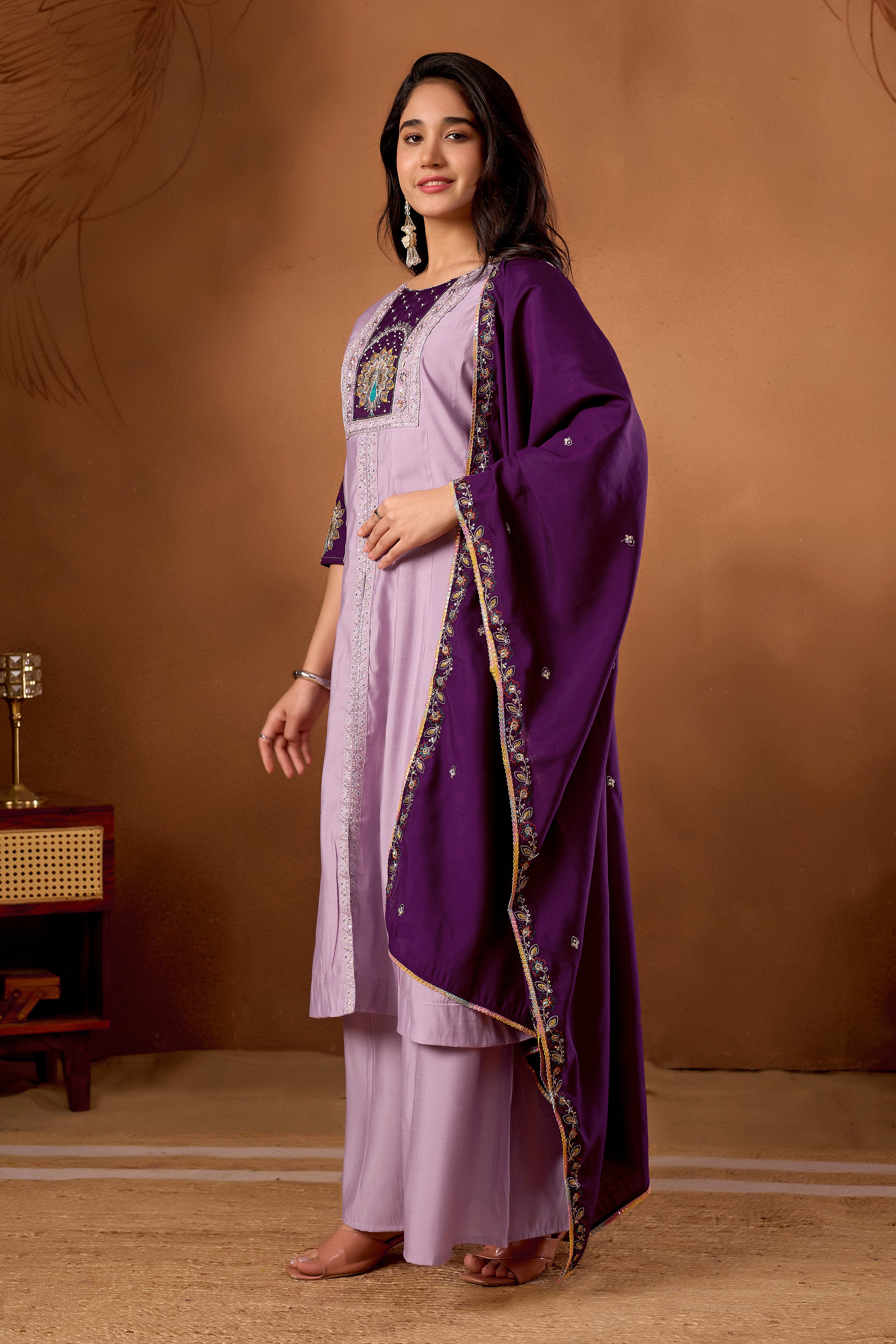 Anarkali Kurti Plazo Dupatta Set – Premium Roman Silk Embroidery Festive Wear