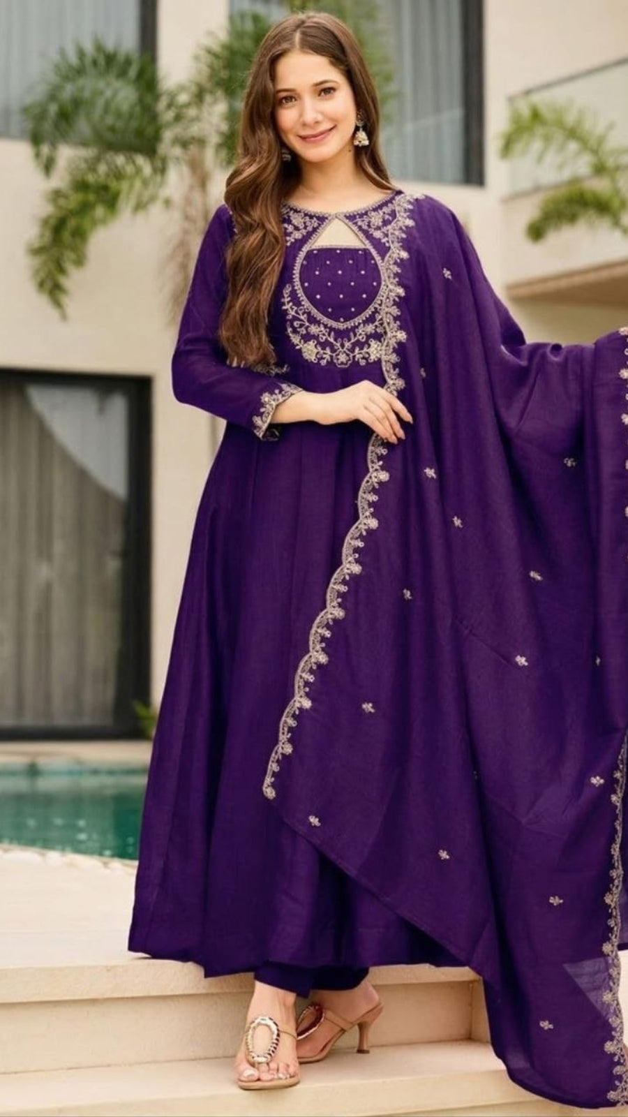 Women Embroidered Vichitra Anarkali Suit Set with Dupatta – Festive Ethnic Wear