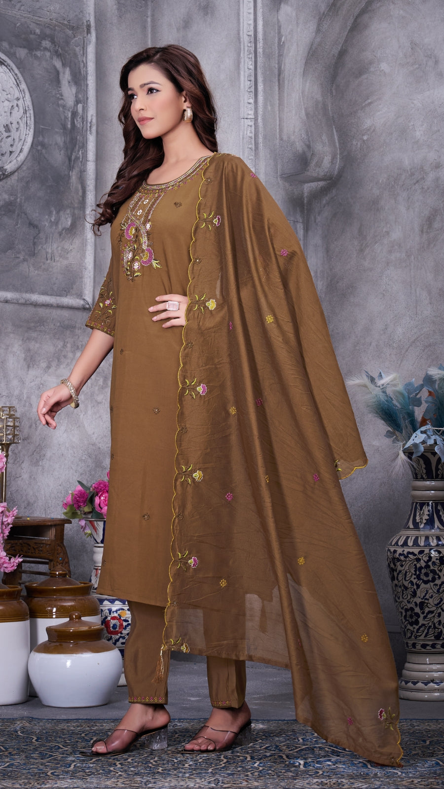 Elegant Embroidered Roman Silk Kurti Pant Set with Dupatta | Festive & Ethnic Wear for Women