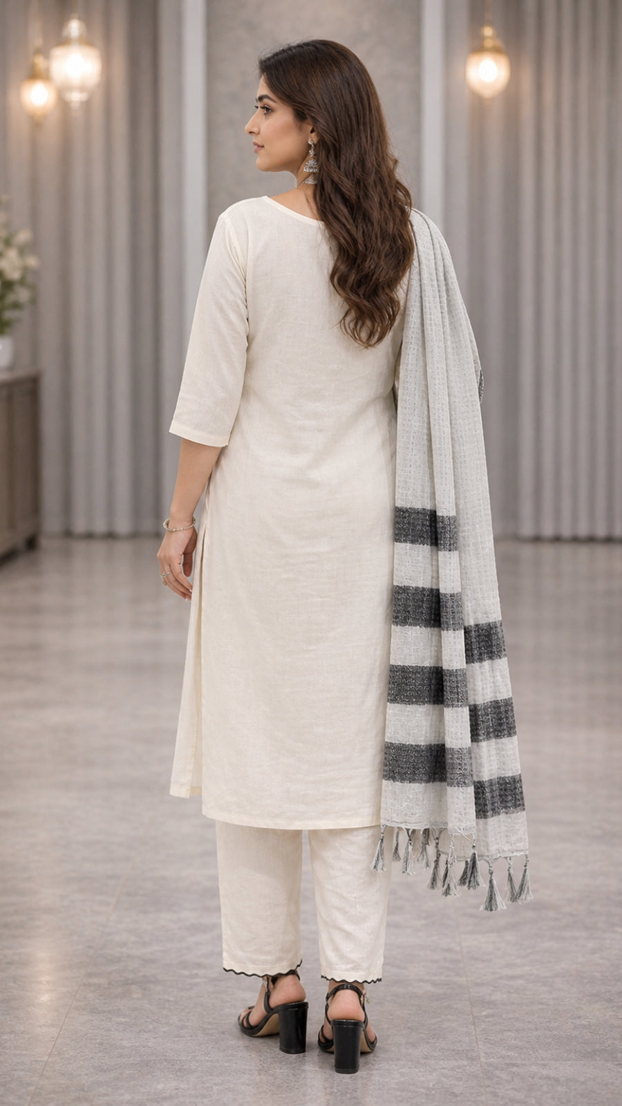 Elegant Khadi Cotton Embroidered Kurti Pant Dupatta Set for Women