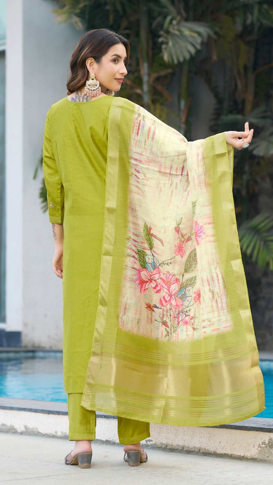 Elegant Parrot Green Embroidered Kurti Pant Dupatta Set | Viscose Silk Festive Wear for Women