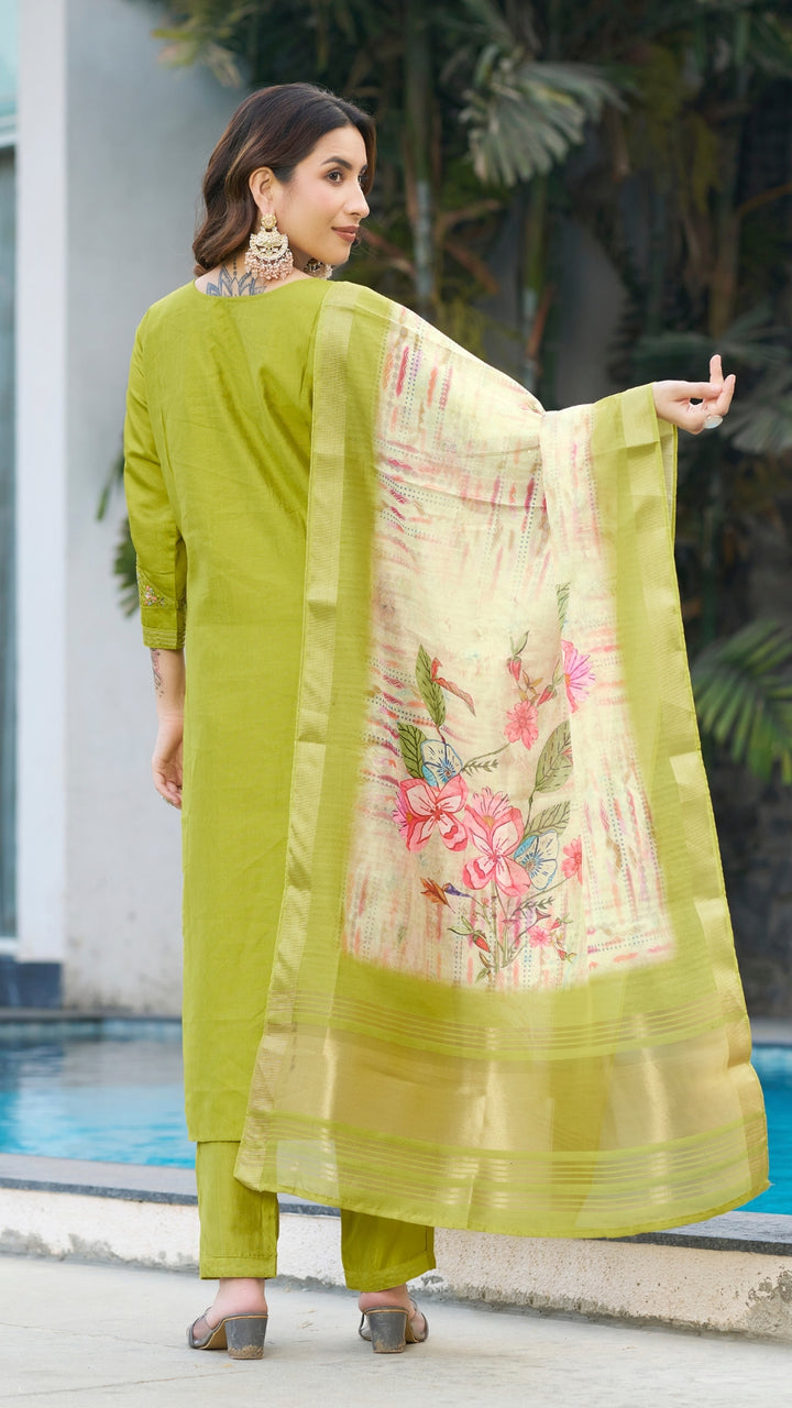 Elegant Parrot Green Embroidered Kurti Pant Dupatta Set | Viscose Silk Festive Wear for Women