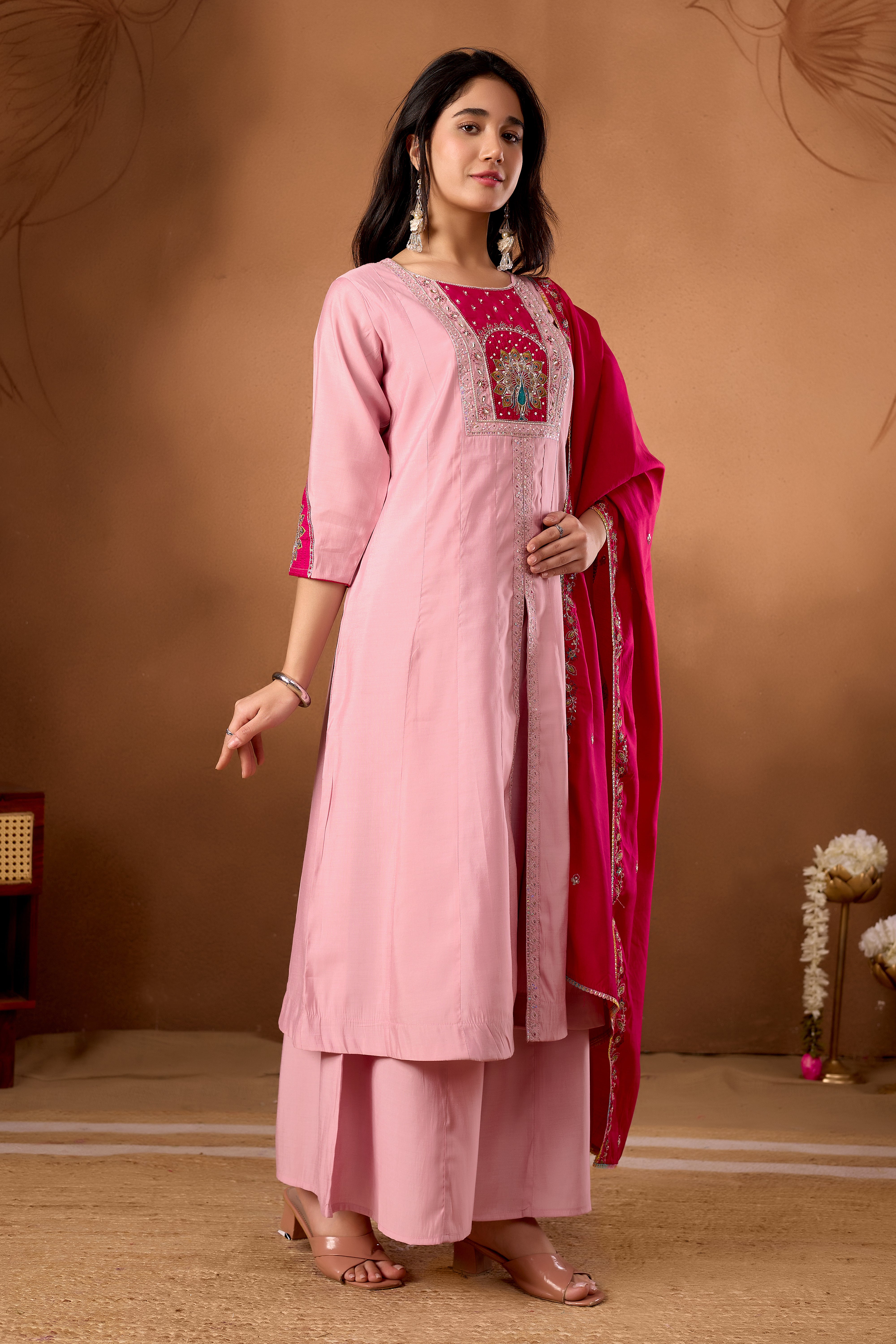 Anarkali Kurti Plazo Dupatta Set – Premium Roman Silk Embroidery Festive Wear