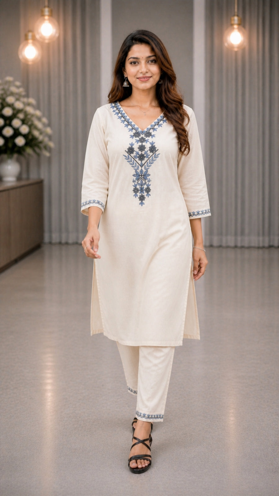 Elegant Khadi Cotton Kurta Pant Dupatta Set for Women | Embroidered Straight Kurti Set | Cream Ethnic Wear