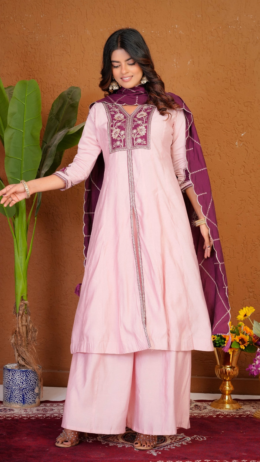 Premium Roman Silk Embroidered Anarkali Kurti Set with Dupatta | Festive Wear Ethnic Suit for Women