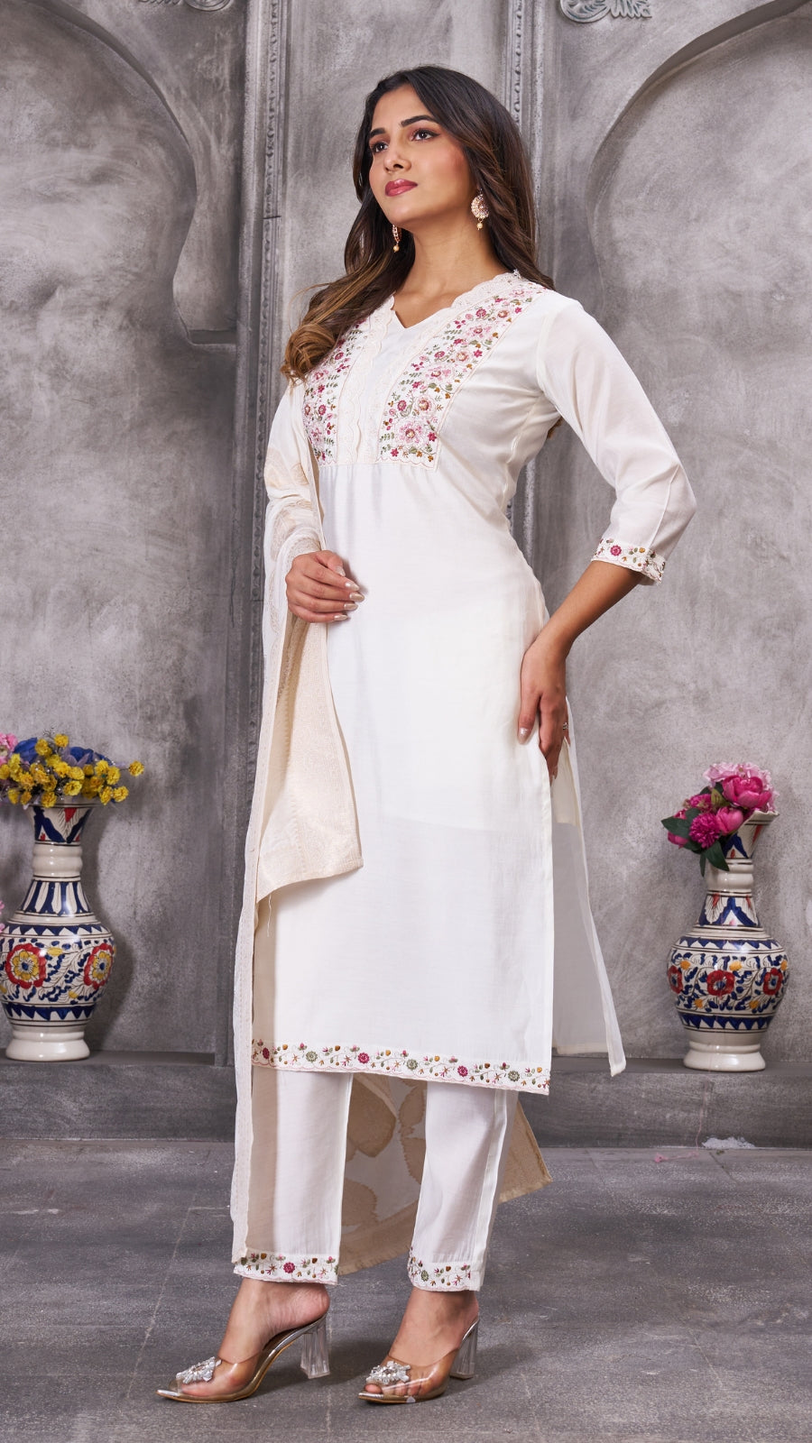 Luxury Roman Silk Embroidered Kurta Set with Dupatta | Festive & Wedding Wear Suit for Women