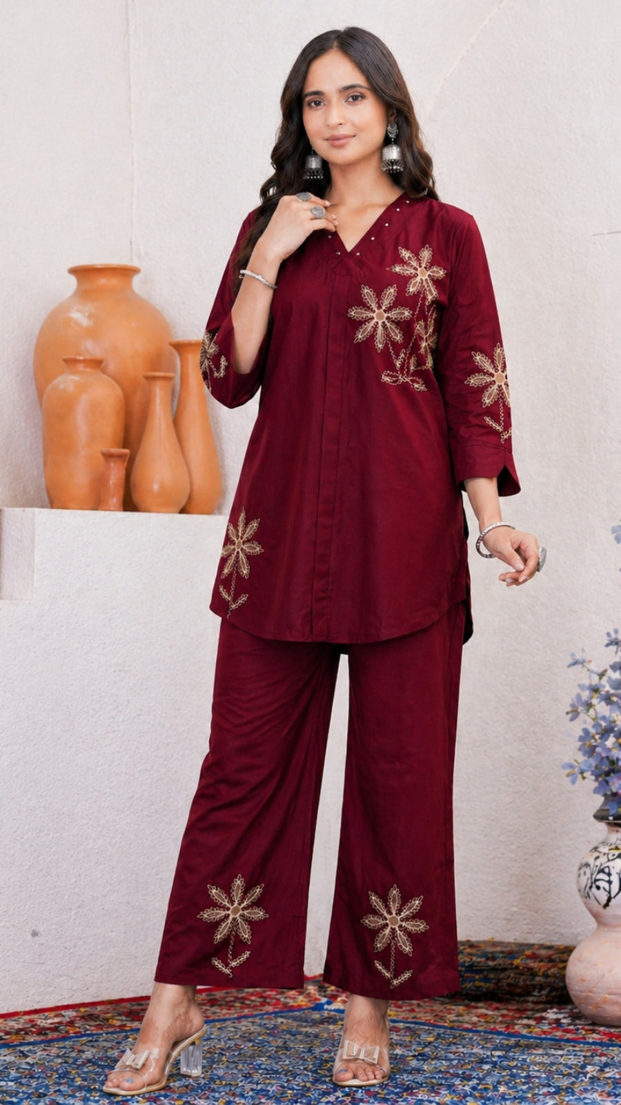 Women Brown Embroidered Co-Ord Set | Rayon Kurti & Straight Pant Set (M to 3XL)
