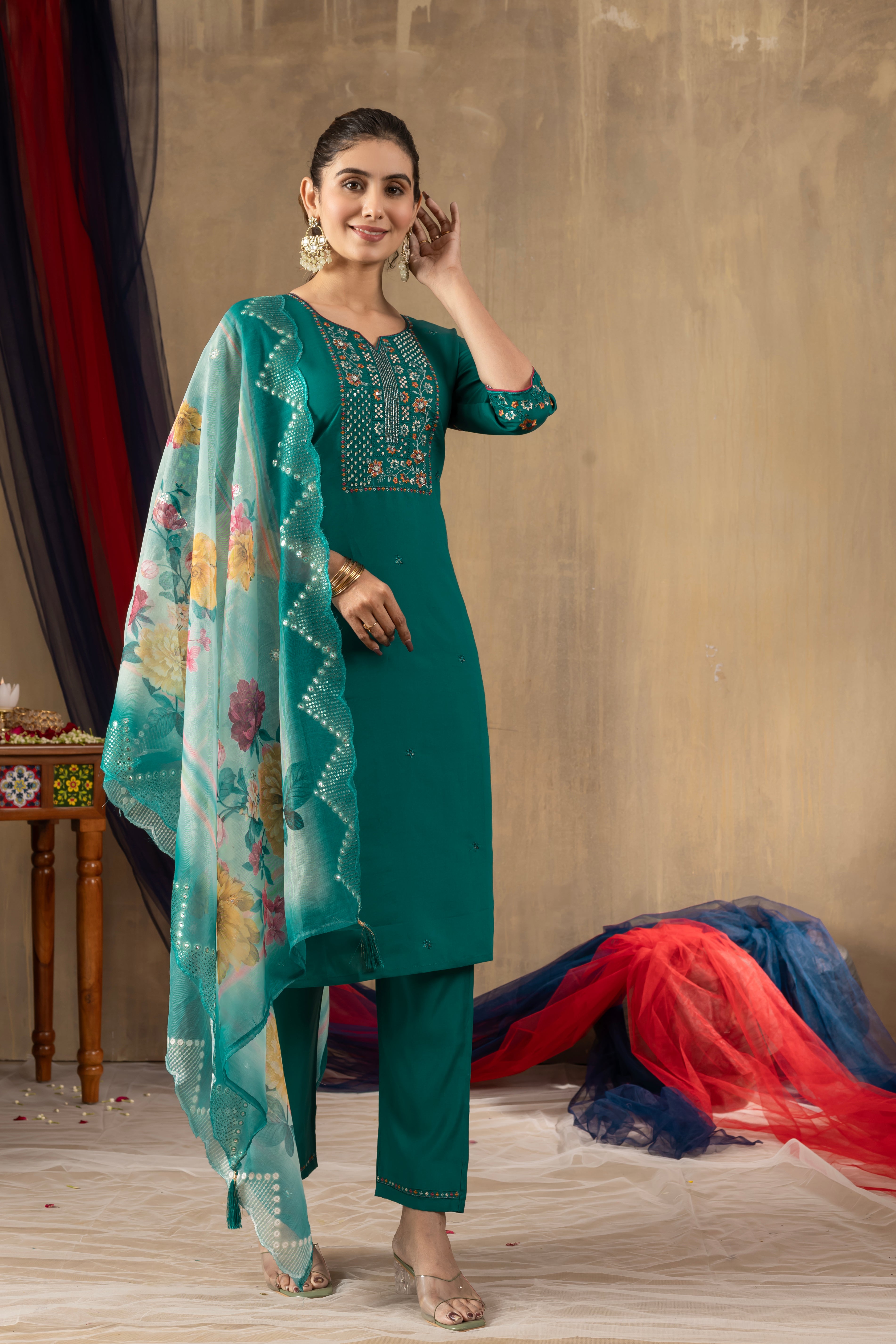Black ,purple, Rama color Embroidered Kurti Pant Dupatta Set | Premium Ethnic Wear for Women