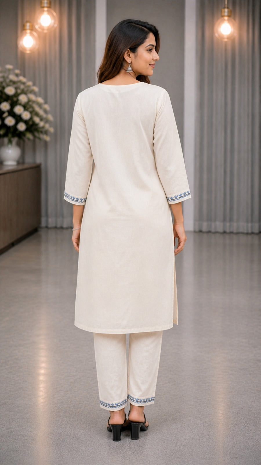 Elegant Khadi Cotton Kurta Pant Dupatta Set for Women | Embroidered Straight Kurti Set | Cream Ethnic Wear