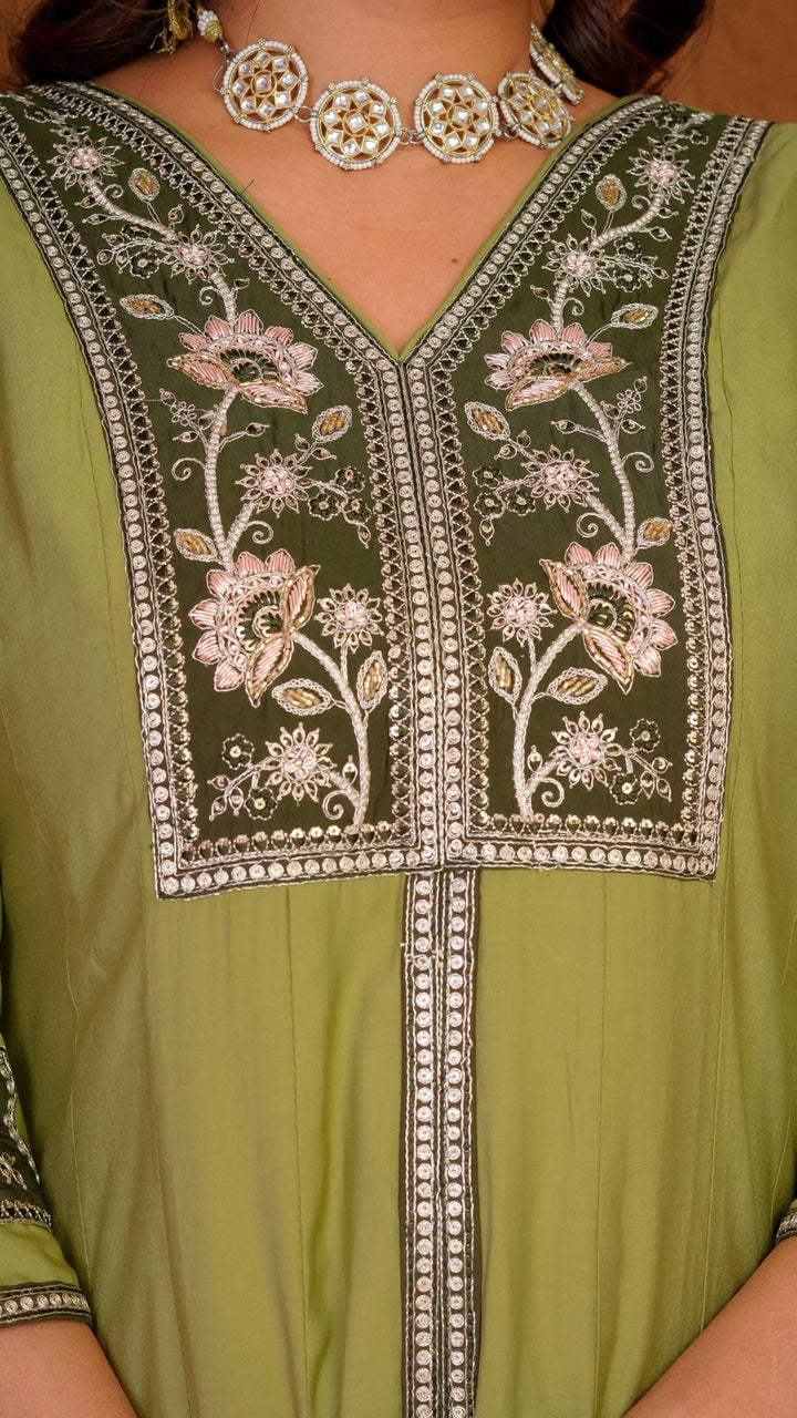 Women’s Olive Green Embroidered Kurta Palazzo Set with Dupatta