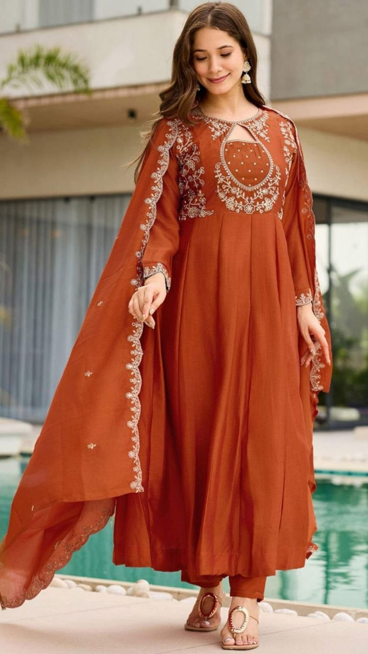 Women Embroidered Vichitra Anarkali Suit Set with Dupatta – Festive Ethnic Wear