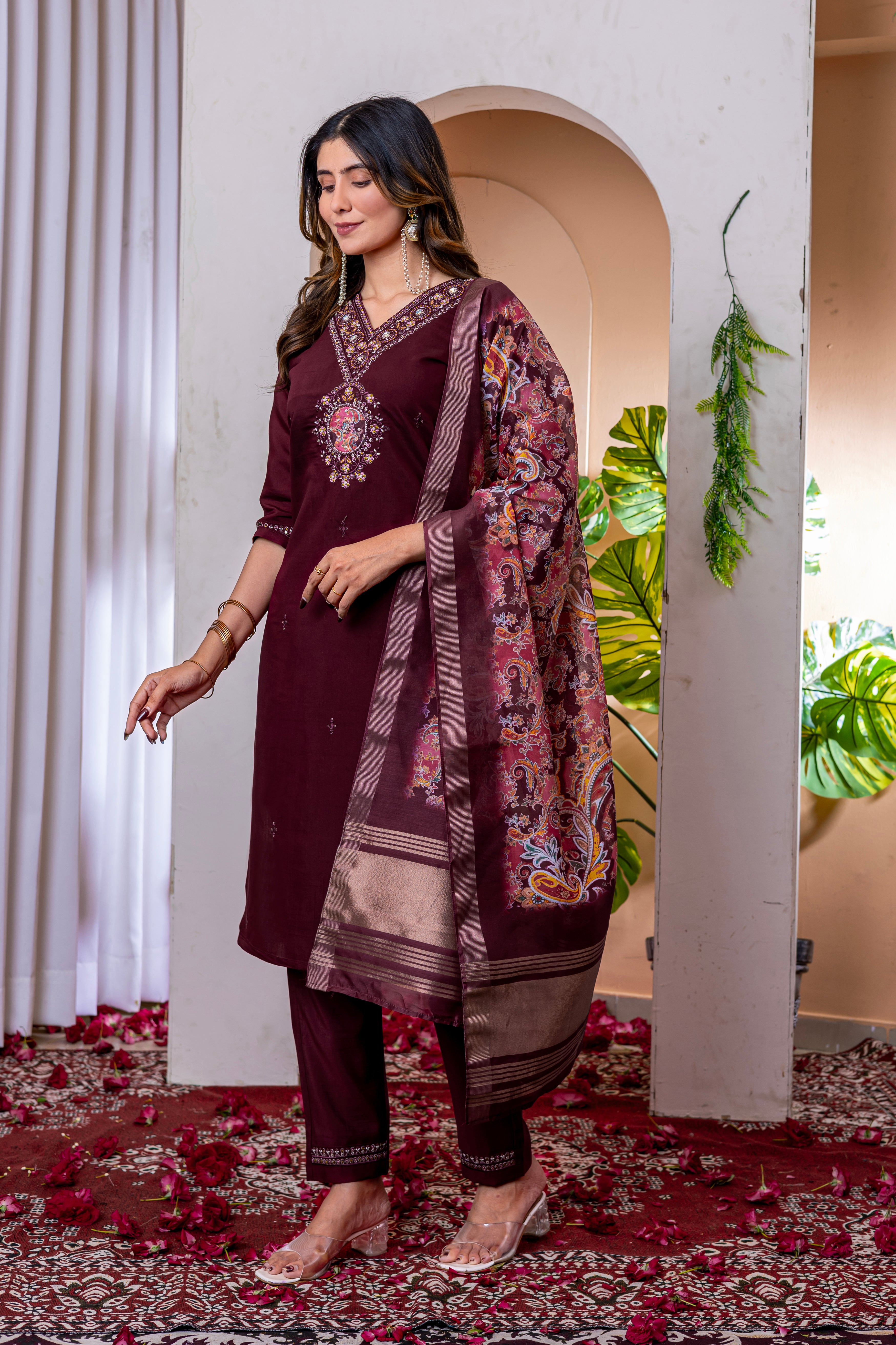 Designer Green, Wine, Orange Embroidered Kurti Pant Dupatta Set | Premium Festive Ethnic Wear