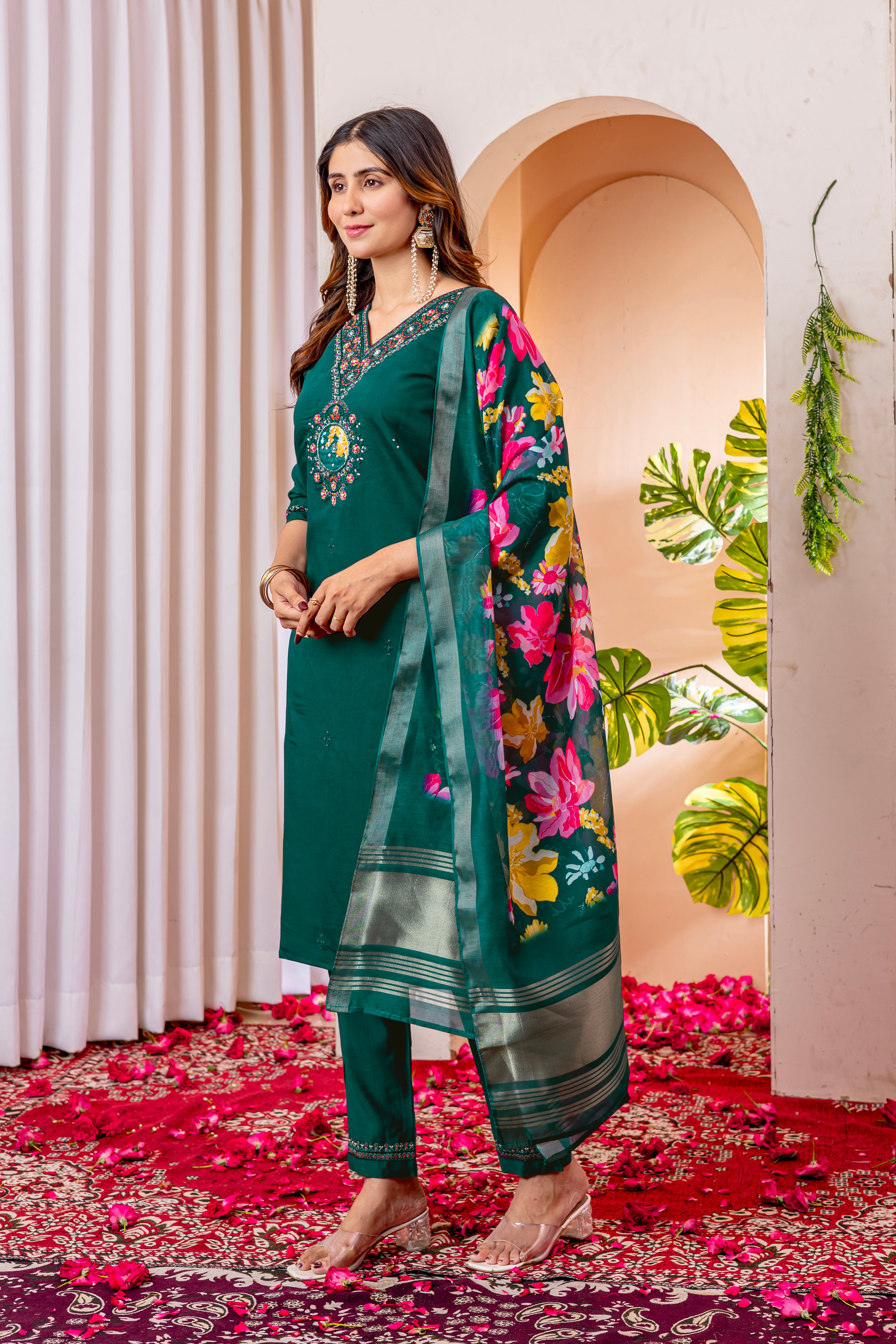 Designer Green, Wine, Orange Embroidered Kurti Pant Dupatta Set | Premium Festive Ethnic Wear