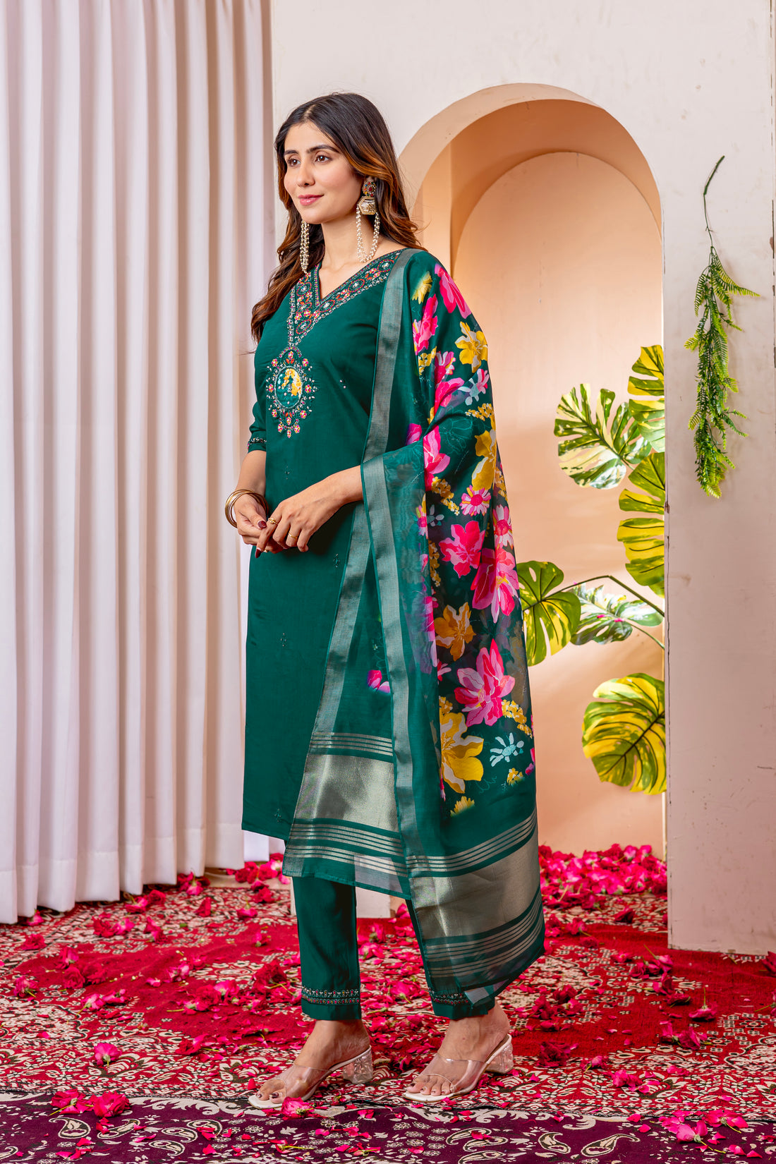 Designer Green, Wine, Orange Embroidered Kurti Pant Dupatta Set | Premium Festive Ethnic Wear