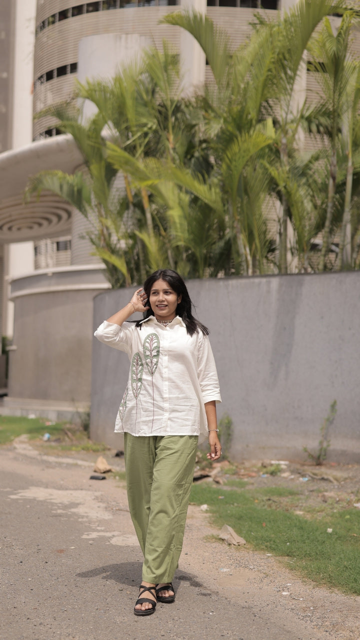 Women's Premium Cotton Flex Embroidered Co-Ord Set with Wide-Leg Pants | All Season Casual Wear