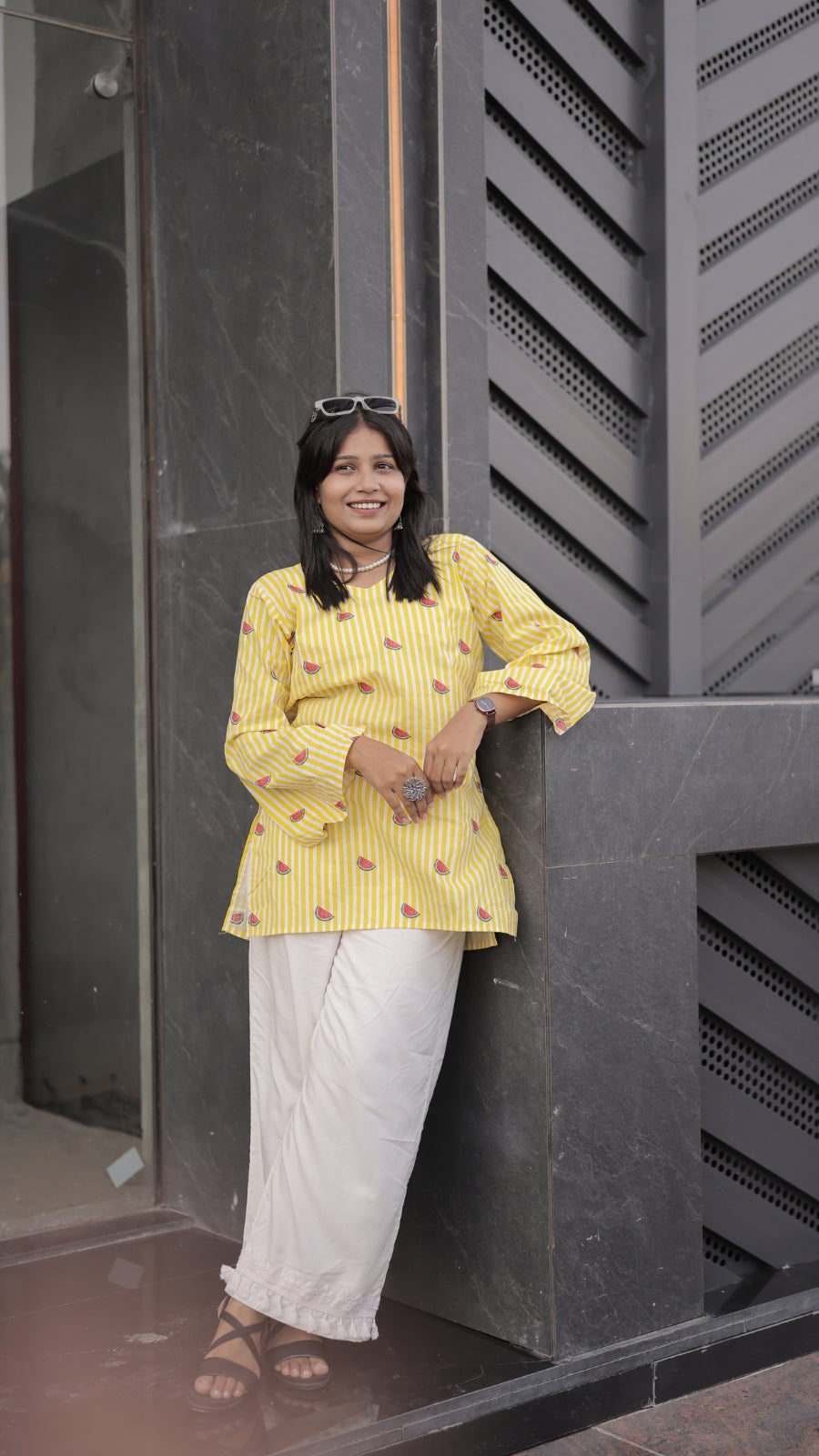 Women’s Yellow Striped Printed Bell Sleeve Kurta with Heavy Rayon Palazzo Set
