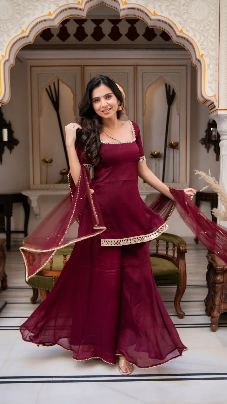 Women’s Heavy 3 Piece Faux Georgette Suit Set with Real Mirror Work, Embroidered Dupatta & Palazzo