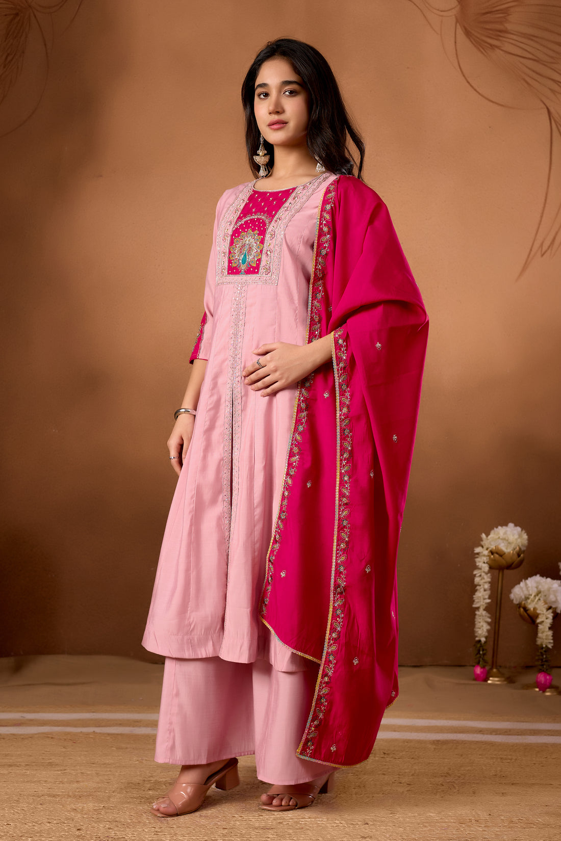 Anarkali Kurti Plazo Dupatta Set – Premium Roman Silk Embroidery Festive Wear