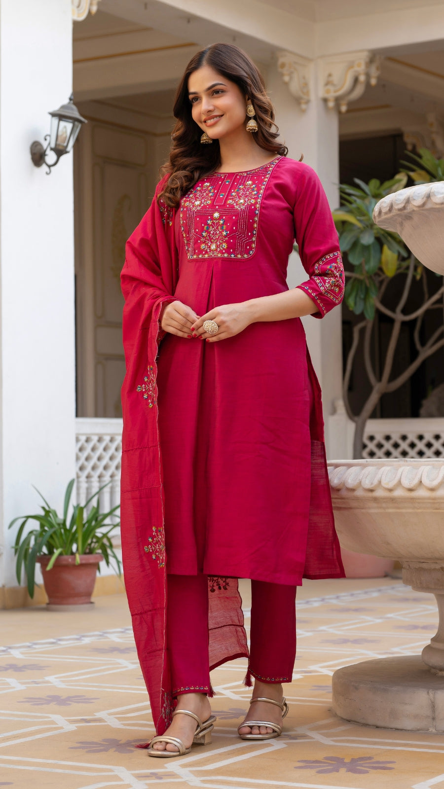 Embroidered Kurti Pant Set with Dupatta – Festive Wear for Women