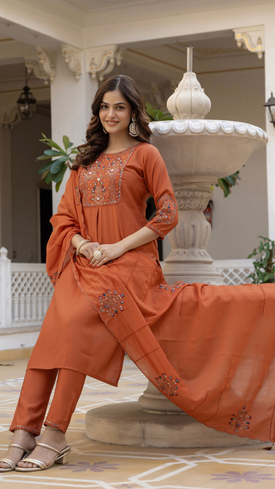 Embroidered Kurti Pant Set with Dupatta – Festive Wear for Women