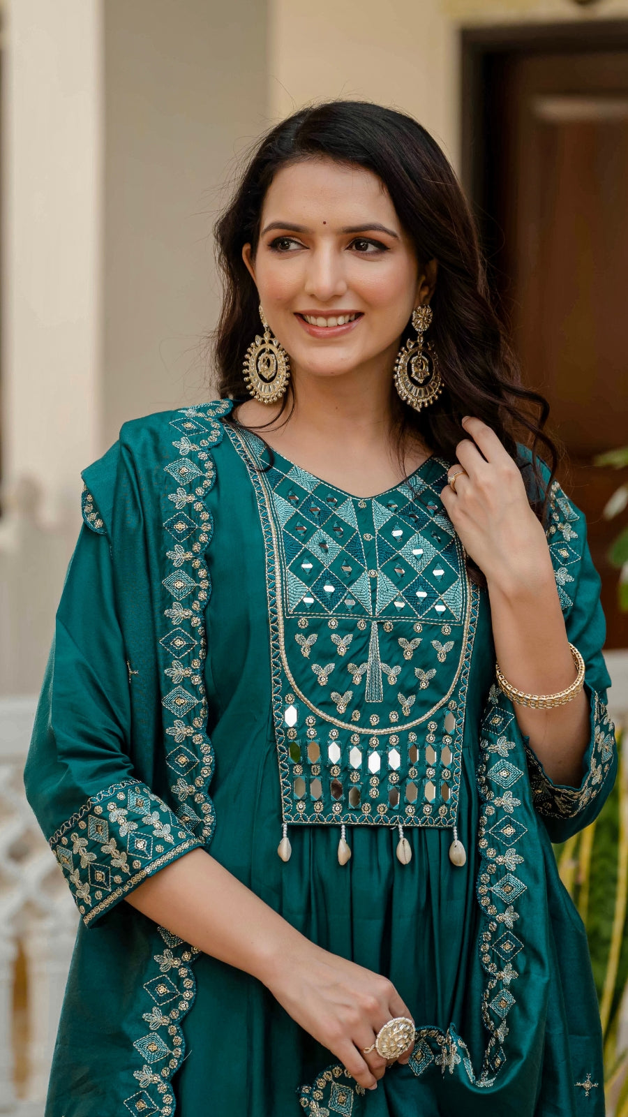 Luxury Anarkali Kurti Set with Real Mirror Work | Viscose Roman Silk Festive Suit with Chanderi Dupatta