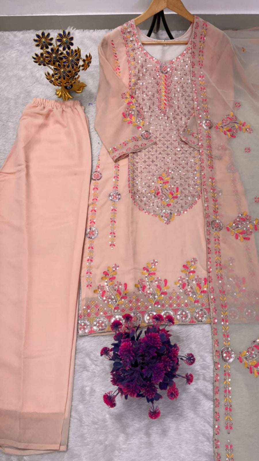 Festival Special Designer Heavy Embroidered Sequence Work Kurti Pant Dupatta Set for Women