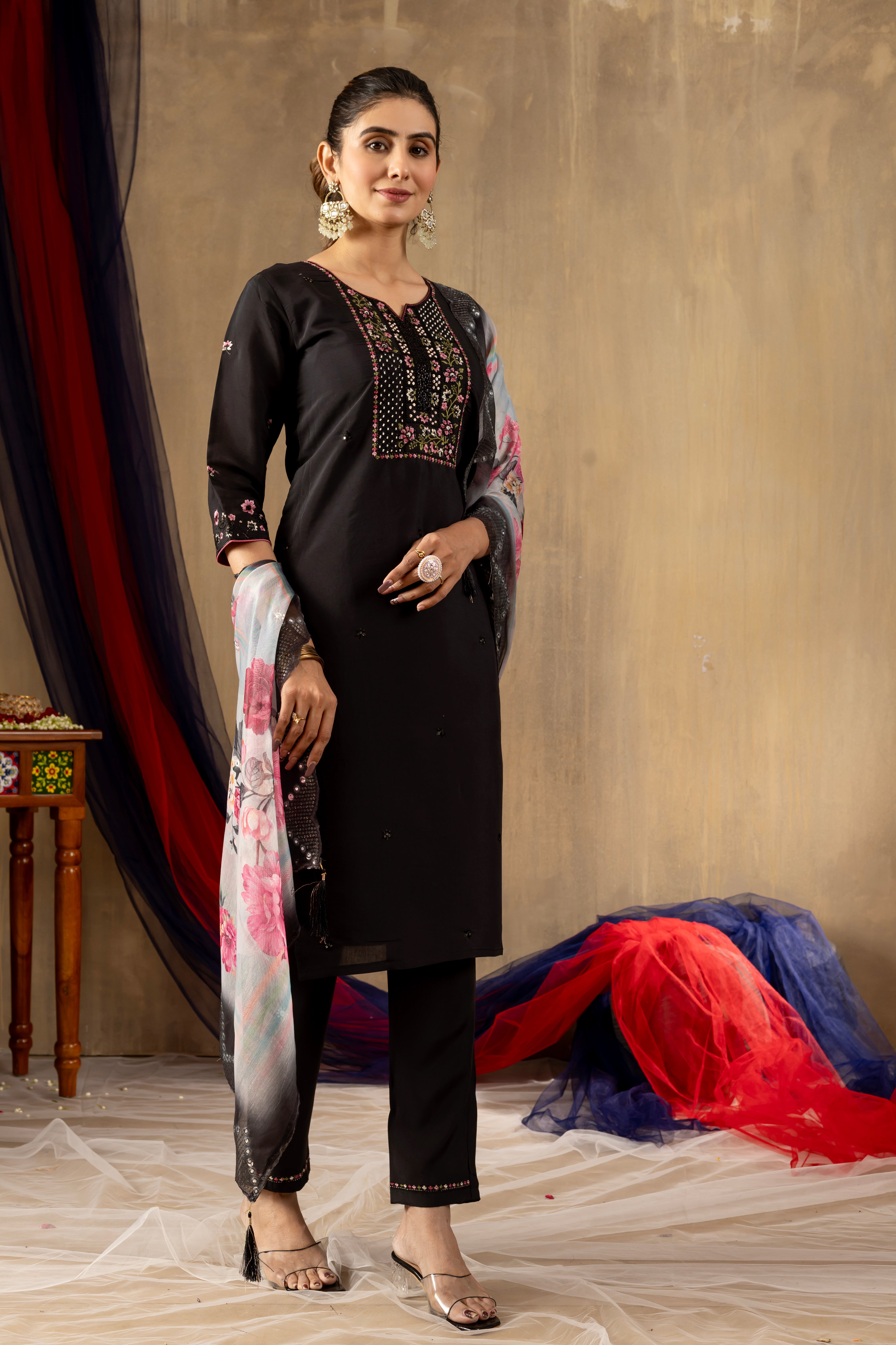 Black ,purple, Rama color Embroidered Kurti Pant Dupatta Set | Premium Ethnic Wear for Women