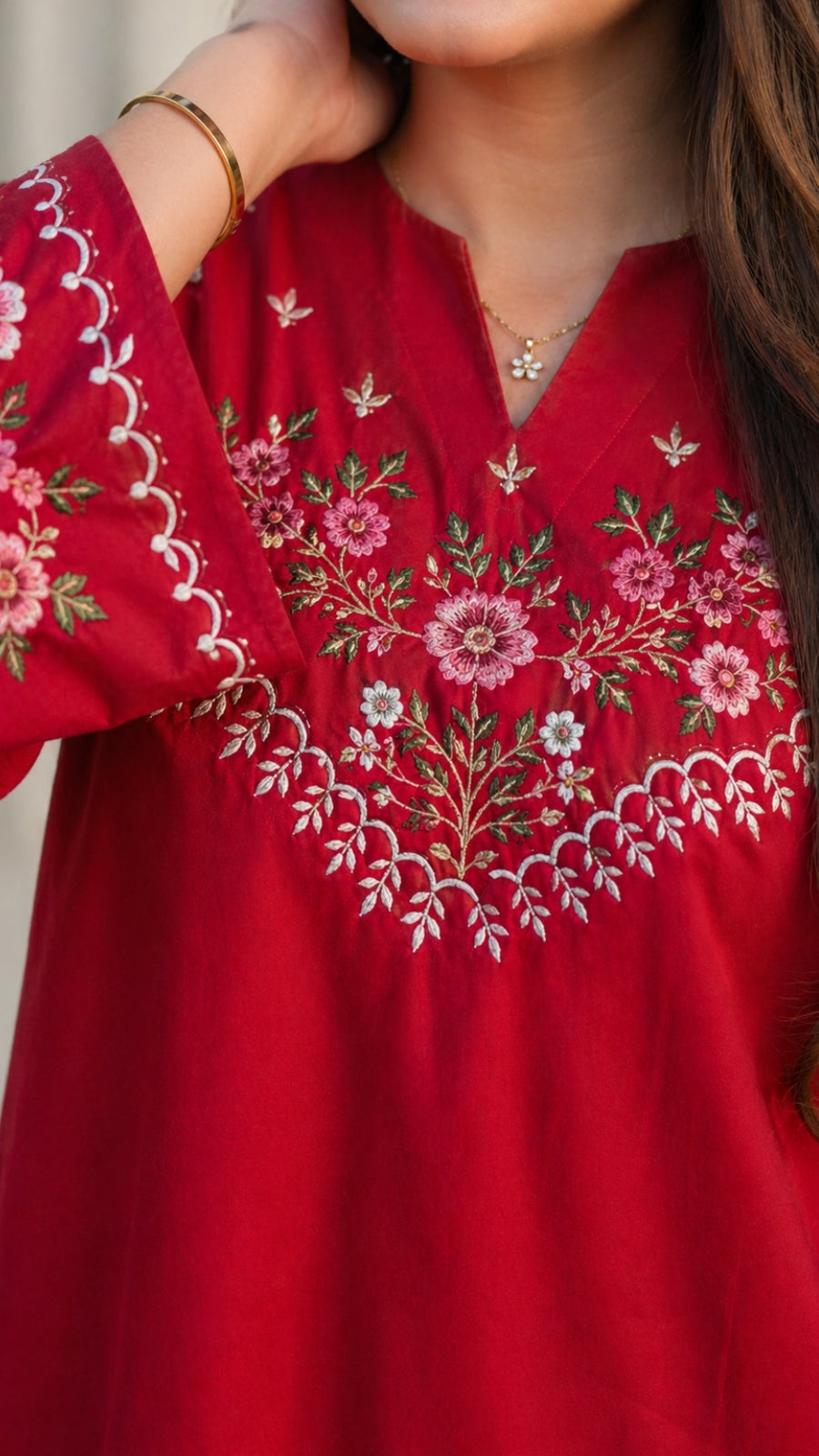 Elegant Red Embroidered Co-ord Set for Women | Pure Cotton Kurti Pant Set