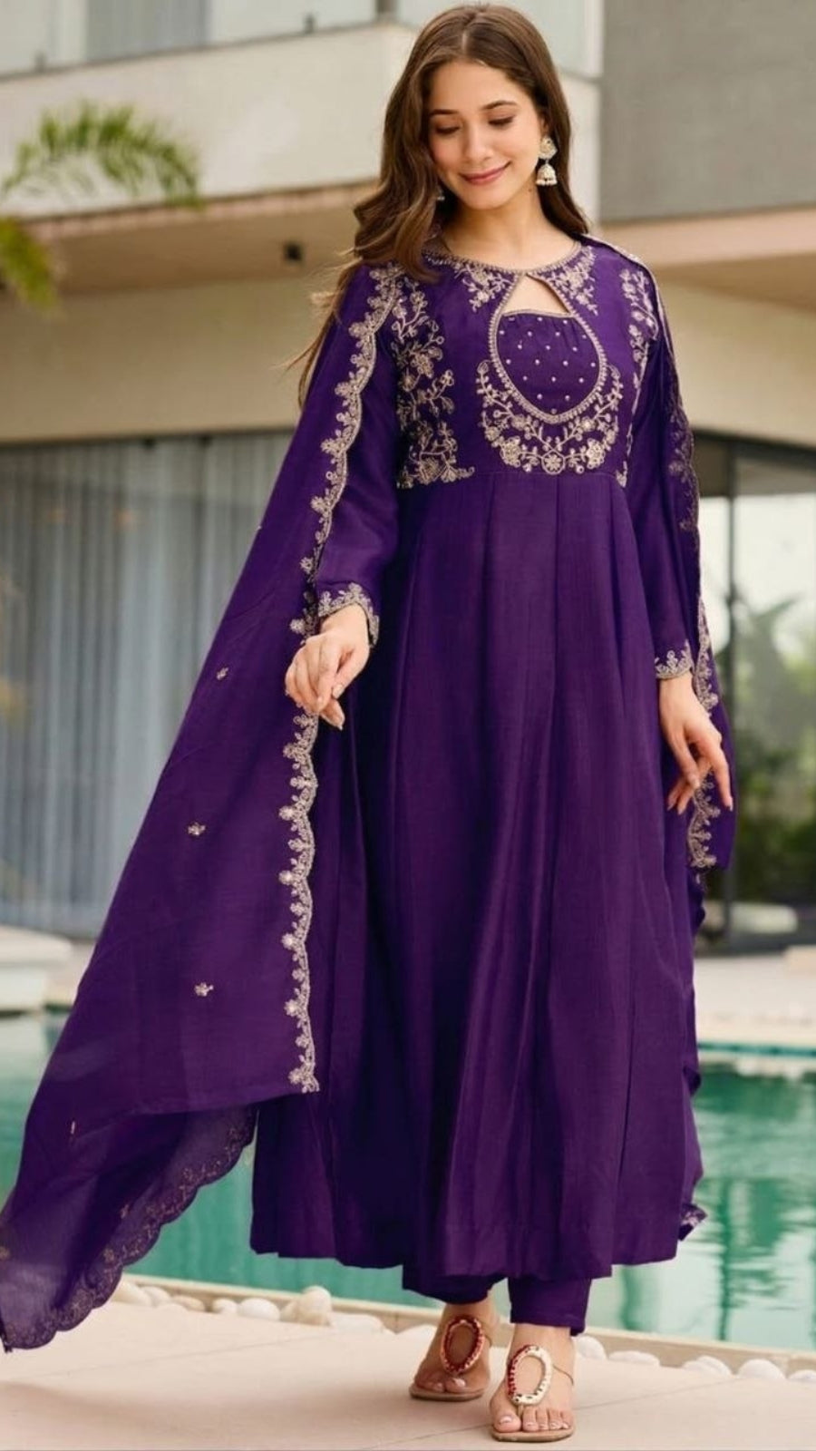 Women Embroidered Vichitra Anarkali Suit Set with Dupatta – Festive Ethnic Wear