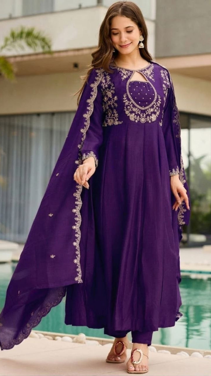 Women Embroidered Vichitra Anarkali Suit Set with Dupatta – Festive Ethnic Wear