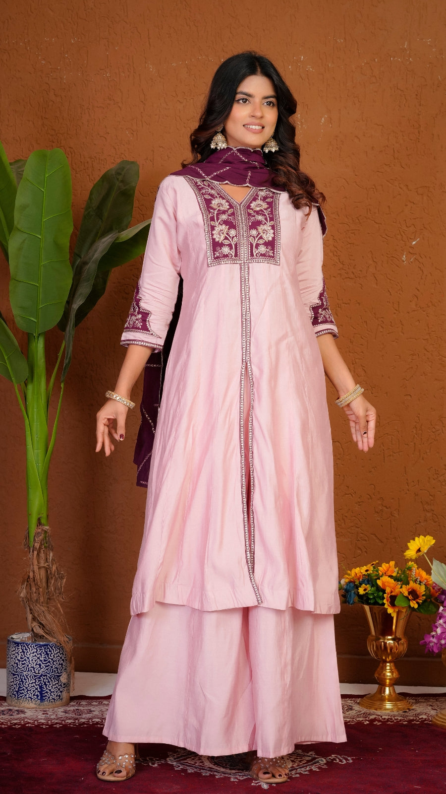 Premium Roman Silk Embroidered Anarkali Kurti Set with Dupatta | Festive Wear Ethnic Suit for Women