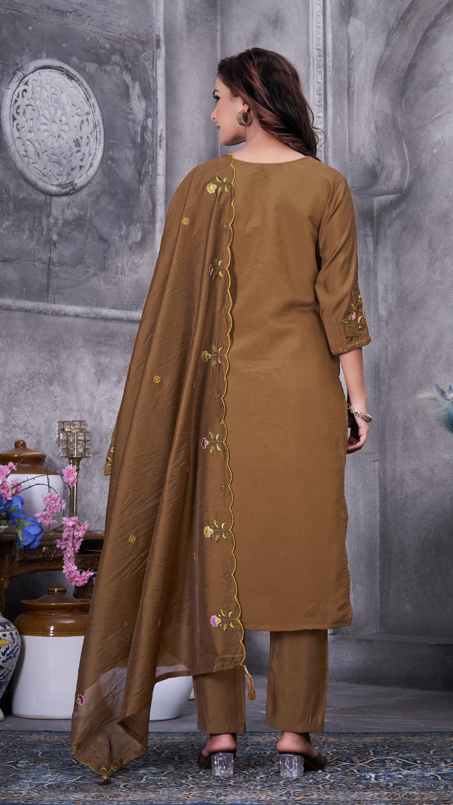 Elegant Embroidered Roman Silk Kurti Pant Set with Dupatta | Festive & Ethnic Wear for Women