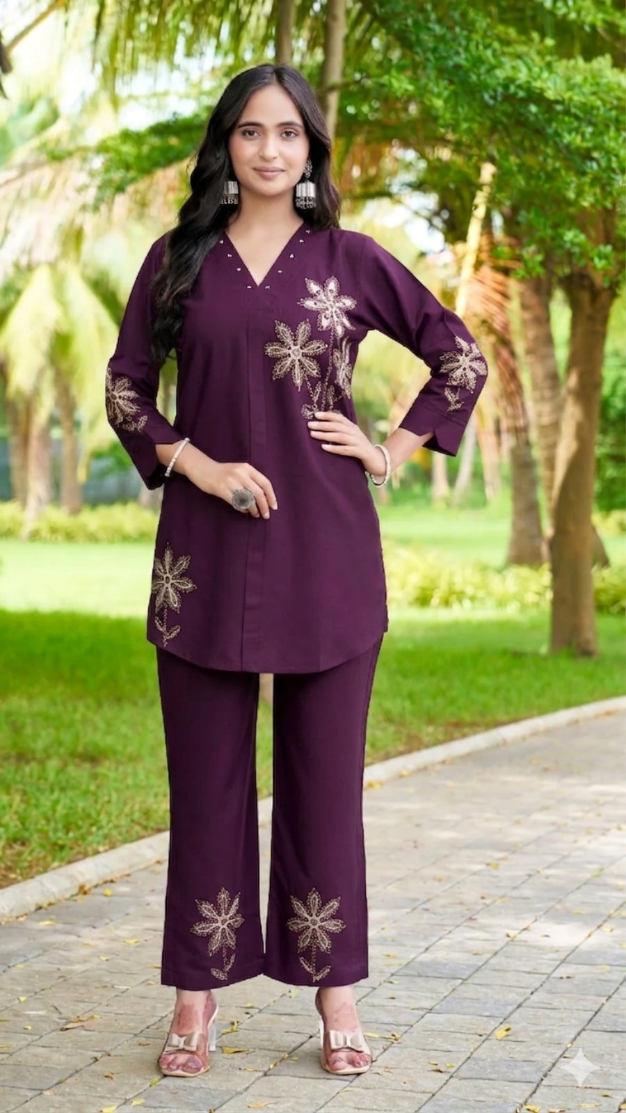 Women Brown Embroidered Co-Ord Set | Rayon Kurti & Straight Pant Set (M to 3XL)