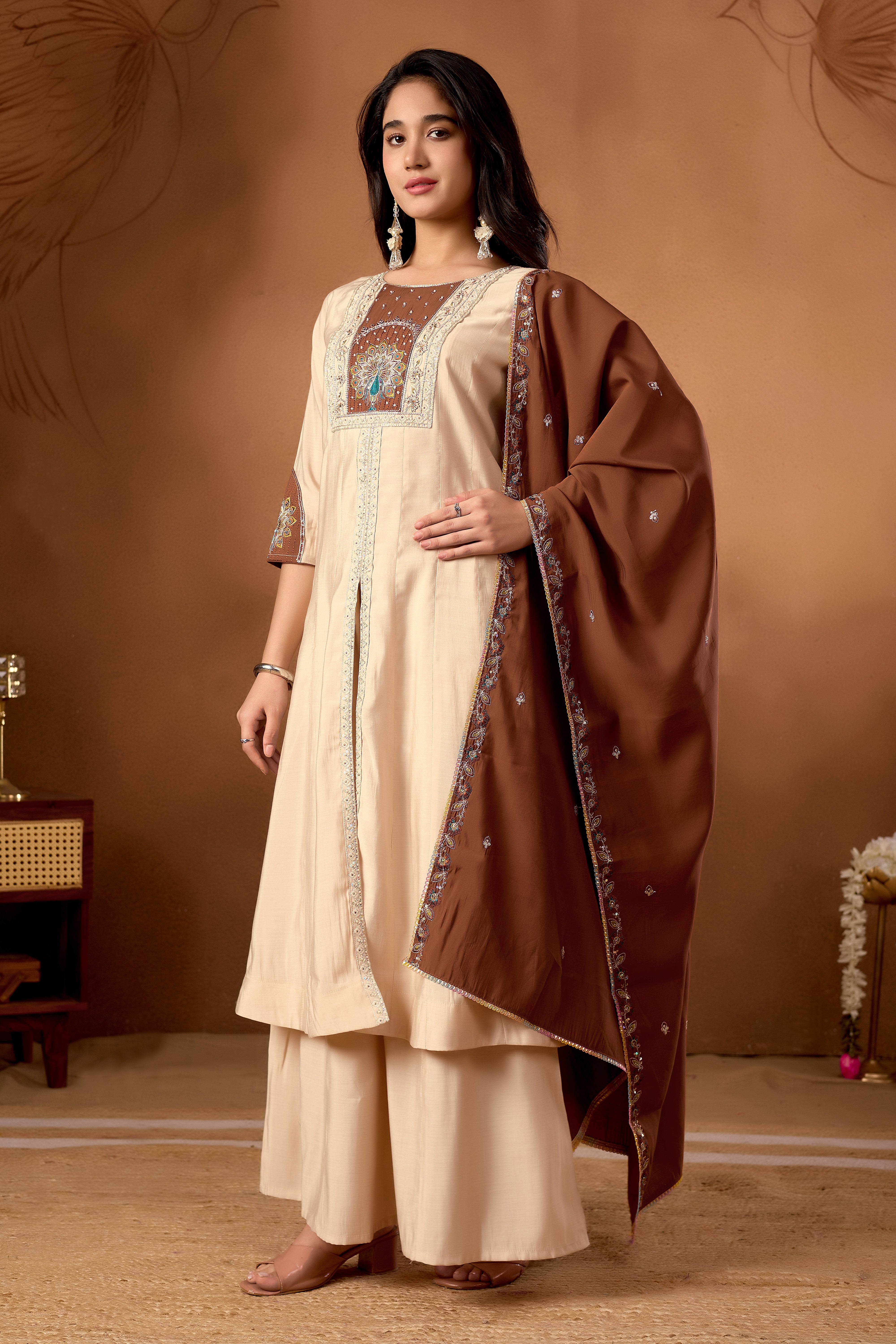 Anarkali Kurti Plazo Dupatta Set – Premium Roman Silk Embroidery Festive Wear